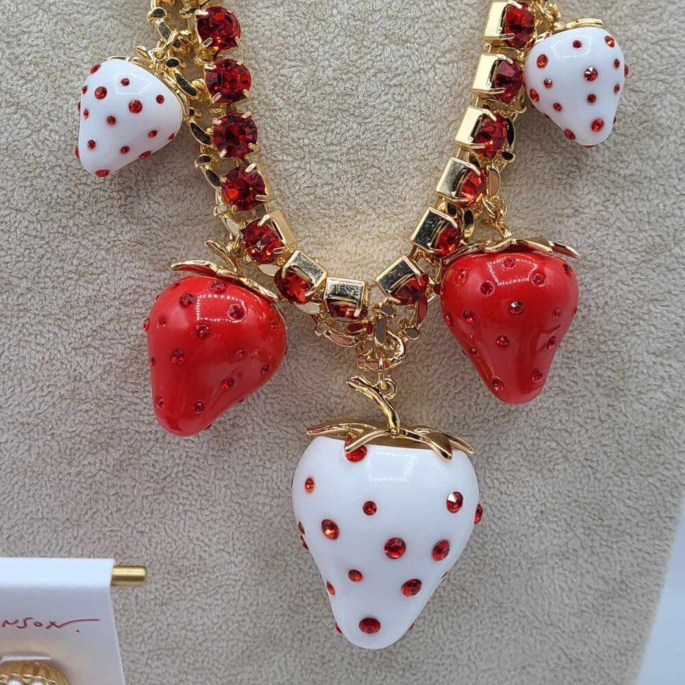 Betsey Johnson Enamel Red Crystal Strawberry Necklace & Earring Set NWT! NEW! - Picture 8 of 12